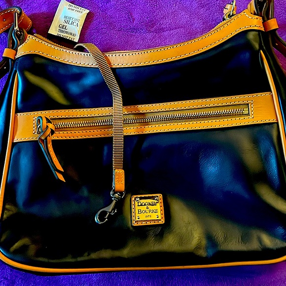Dooney & Bourke 1975- Leather Crossbody, Navy Blue with Tan Leather Trim - Picture 1 of 5